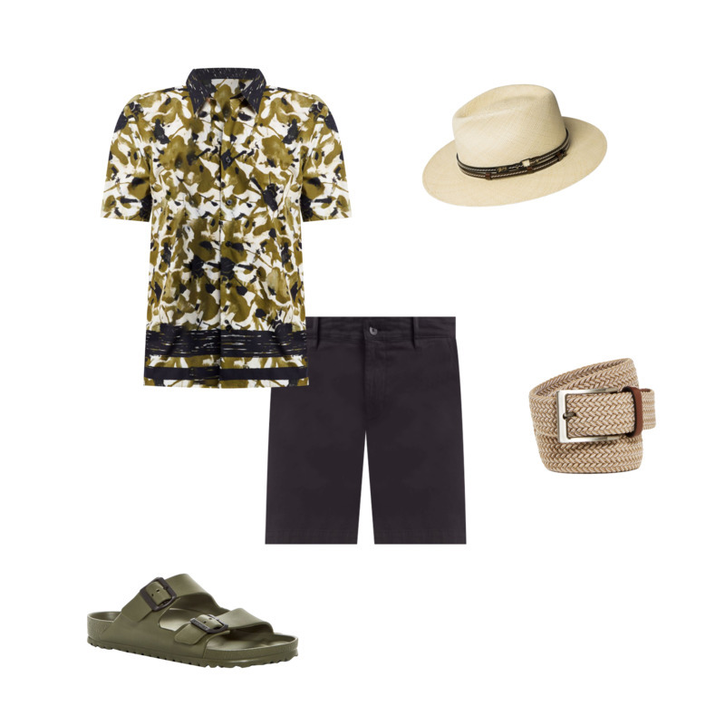Bloomingdale's outfit featuring olive green and black abstract print, black khaki shorts, an off-white beige had with black band, an off-white braided belt, and olive green sandals for the eTail West Edit