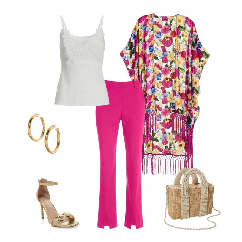 Boston Proper outfit featuring a white tank top, hot pink slacks, a hot pink floral kimono, straw bag, gold hoop earrings, and a braided heeled sandal