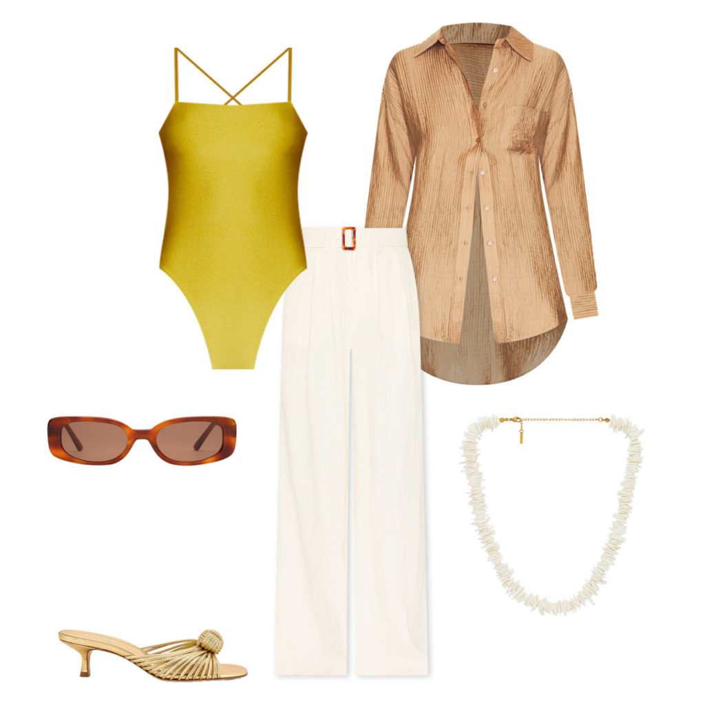 Revolve outfit featuring a gold cross strap one piece swimsuit, white wide leg slacks, shiny camel toned button up shirt, white shell necklace, gold braided high heels and narrow-framed tortoise shell sunglasses for the eTail West Style Edit