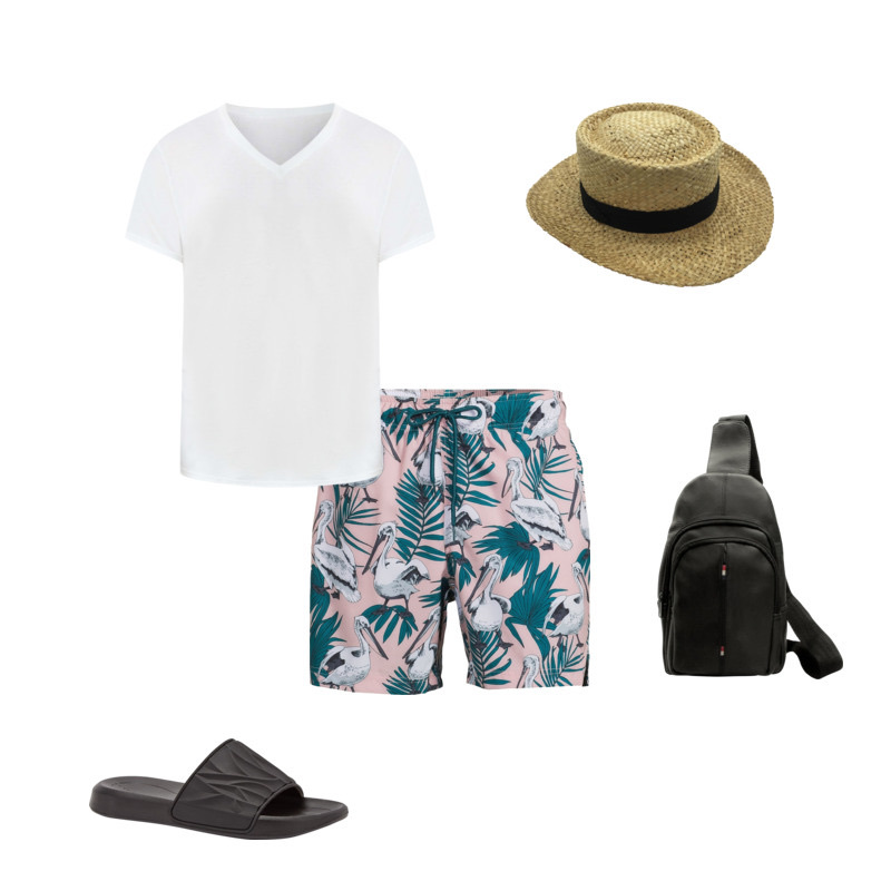 Walmart outfit featuring a white v-neck men's t-shirt, a pink pair of swim trunks with a pelican and palm fronds, black slides, a black one shoulder sling bag, and a straw hat with a black band for the eTail West Style Edit
