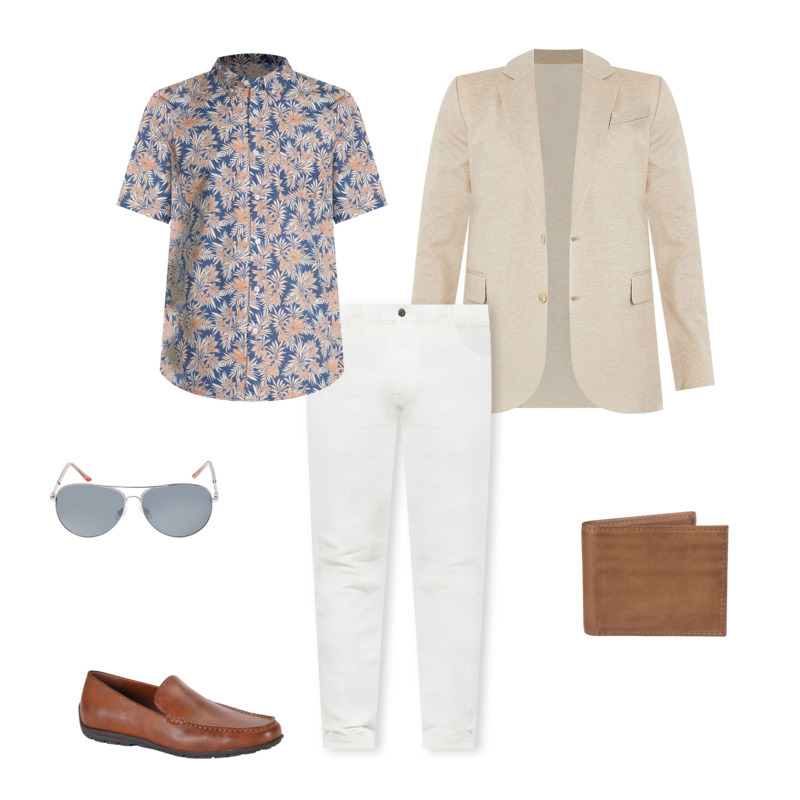 JCPenney outfit for men featuring a admiral blue and floral Hawaiian shirt, a tan linen blazer, white skinny pants, brown loafers, silver and brown aviator glasses and a brown bi-fold leather wallet for the eTail West Style Edit. 