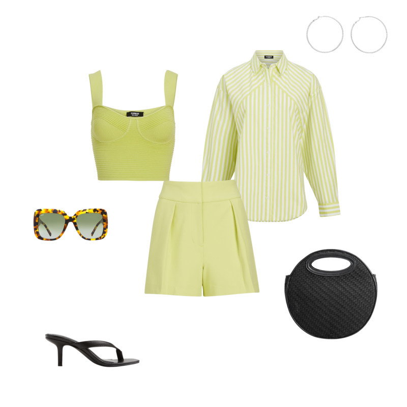 Express Outfit featuring a lime green bustier crop top, lime green and white button up shirt, lime green dress shorts, tortoise shell glasses, black rounded and textured handbag and black flip flip high heels for the eTail West Style Edit