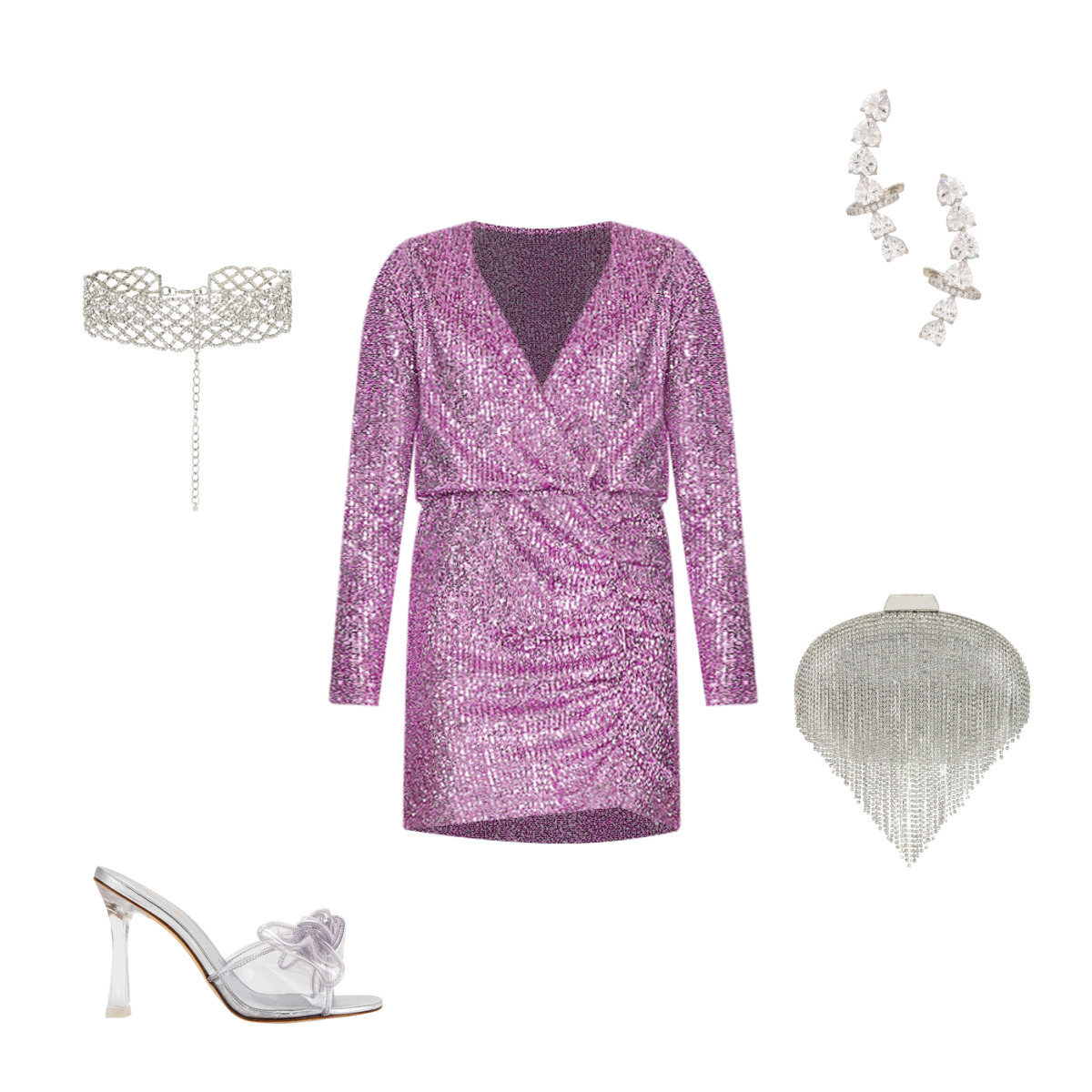 Outfit features purple glittery long sleeve v-neck faux wrap cocktail dress, silver choker, silver earrings, silver clutch and silver and clear sandal pumps. 
