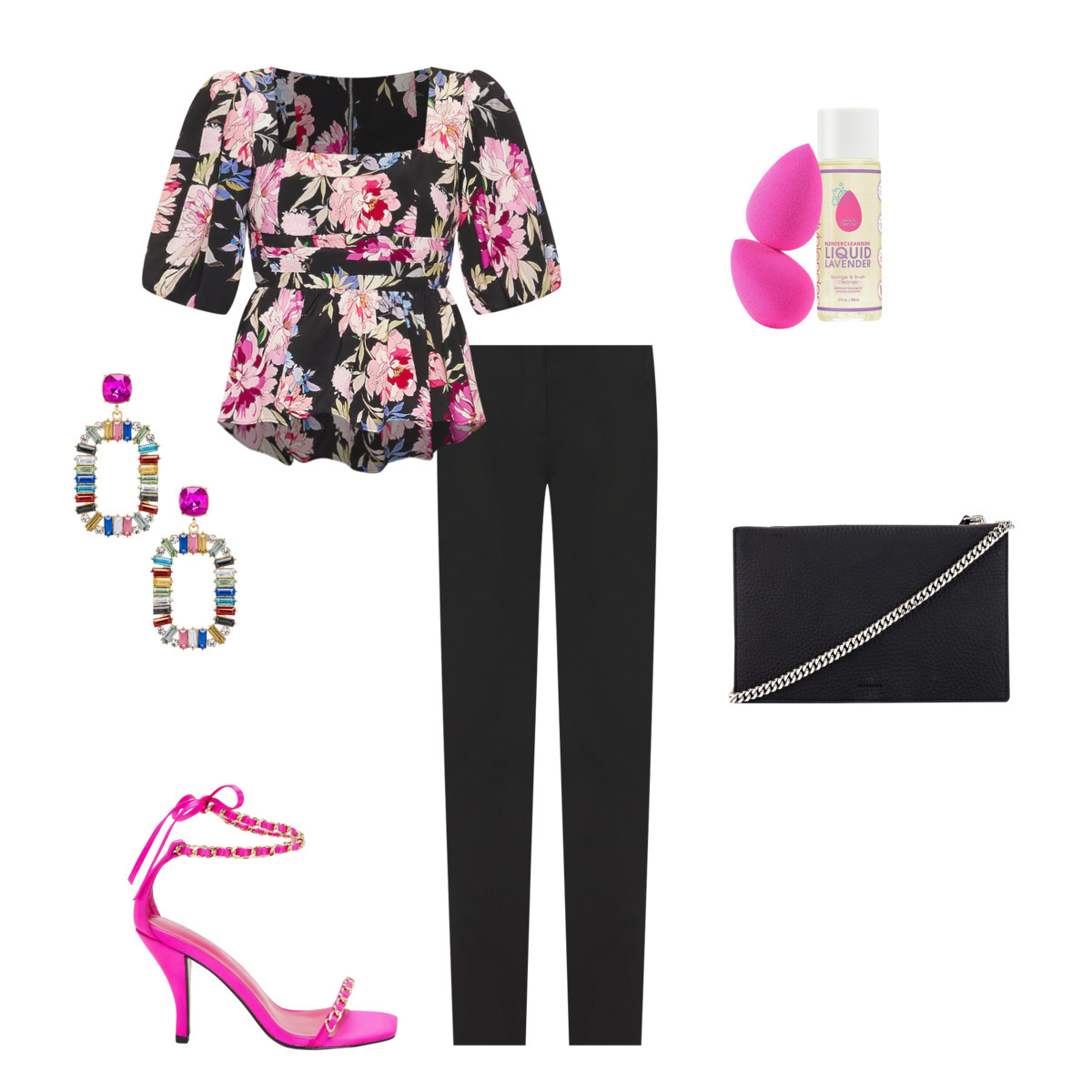 Revolve outfit featuring a black floral blouse, black skinny slacks, black purse, hot pink heeled sandals, and multi-colored rhinestone earrings. Outfit powered by Stylitics for Shoptalk Style guide.