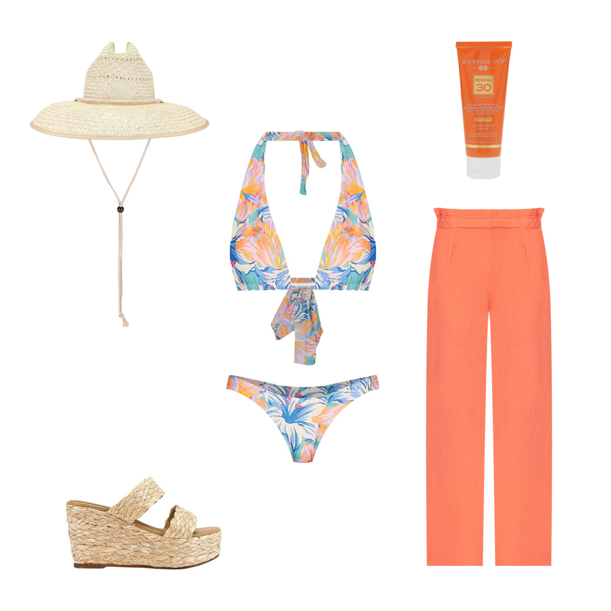 Revolve outfit featuring orange and blue floral bikini, orange paper bag pants, straw espadrilles, and a straw hat. Outfit powered by Stylitics for Shoptalk style guide. 