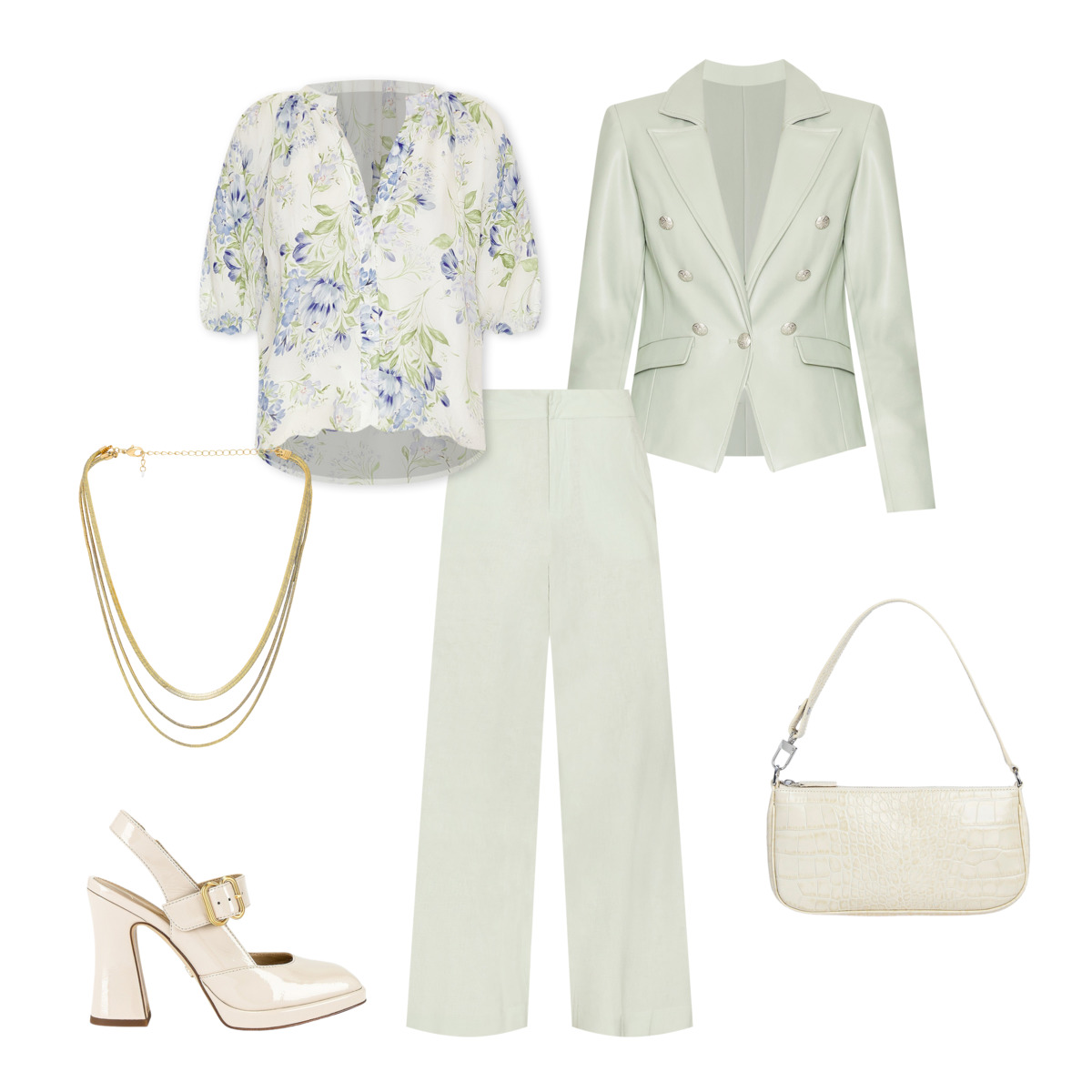 Revolve outfit featuring off-white blazer, off-white dress slacks, floral blouse, gold three strand necklack, off-white purse and white high heel Mary Jane Pumps. Outfit for Shoptalk style guide powered by Stylitics