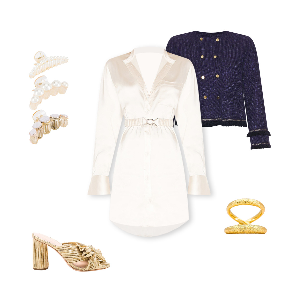 Revolve outfit featuring white satin shirt dress, navy blue tweed double breasted blazer with fringe at the cuffs and hem, gold heeled sandals, gold ring, and pearl hair clips. Outfit created by Stylitics software for Shoptalk style guide. 