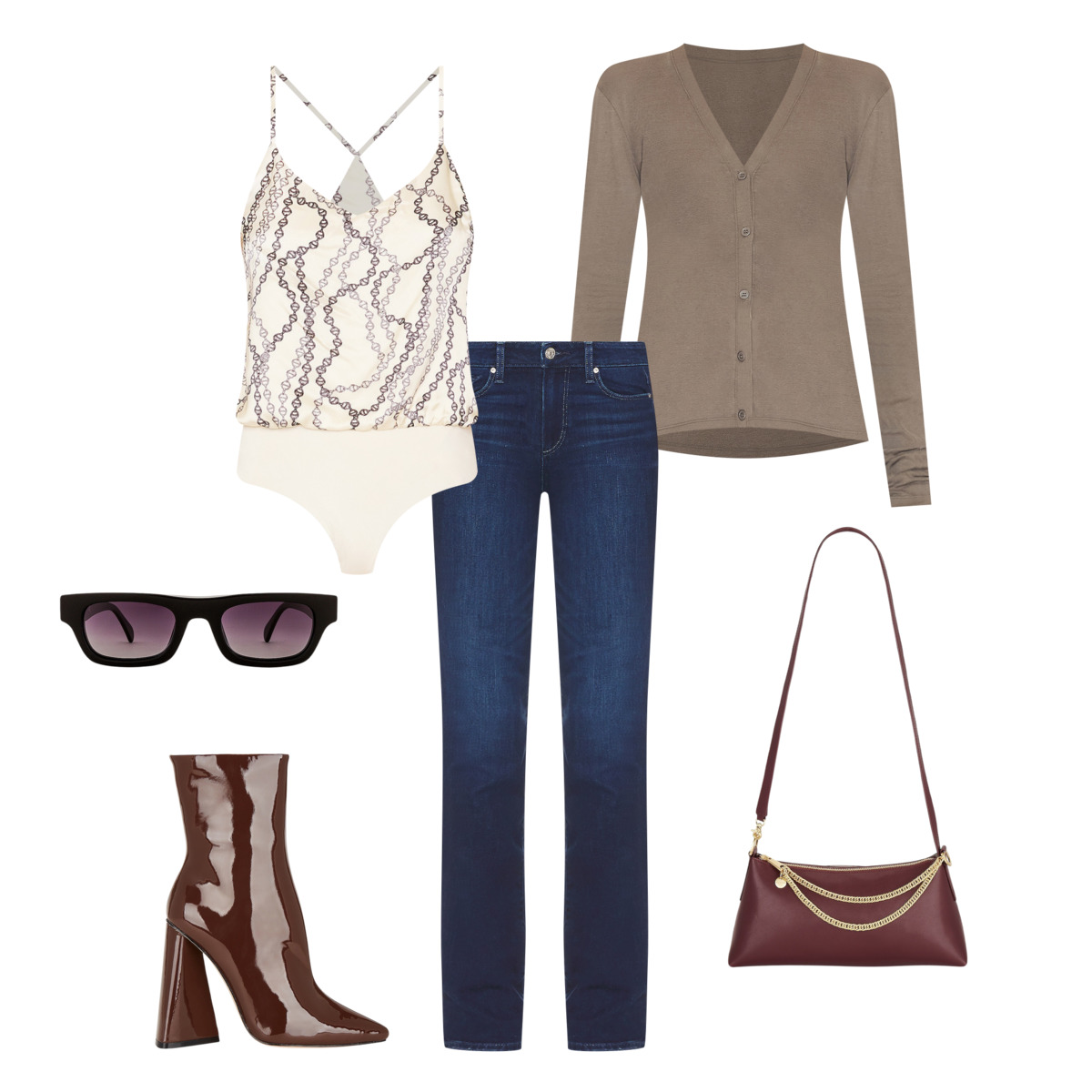 Revolve outfit featuring white bodysuit with silver chain print, light brown cardigan, dark denim jeans, dark brown purse with gold chain detailing, Sleek dark brown mid-calf heeled boots, and sunglasses. Outfit powered by Stylitics for the Shoptalk style guide. 