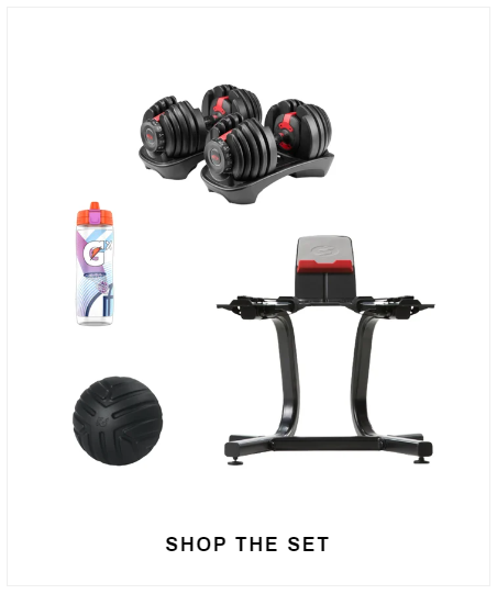 Dick's Sporting Good's Shop the Set features adjustable dumbbells, dumbbell stand. medicine ball, and a water bottle.