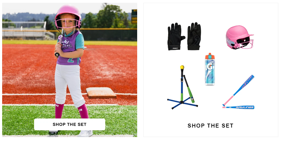 Dick's Sporting Goods Pink Tball Bundle. Image features a girl at bat. Next to her is a TBall bundle featuring a pink batters helmet, pink, navy and gray headbands, white cleats and gloves, and a pink bat. 